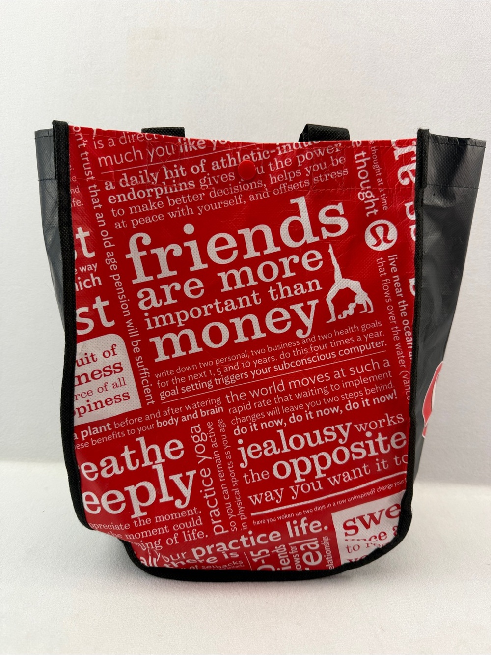 Lululemon Small Red Reusable Tote White Text Shopping Black Trim Logo Bag